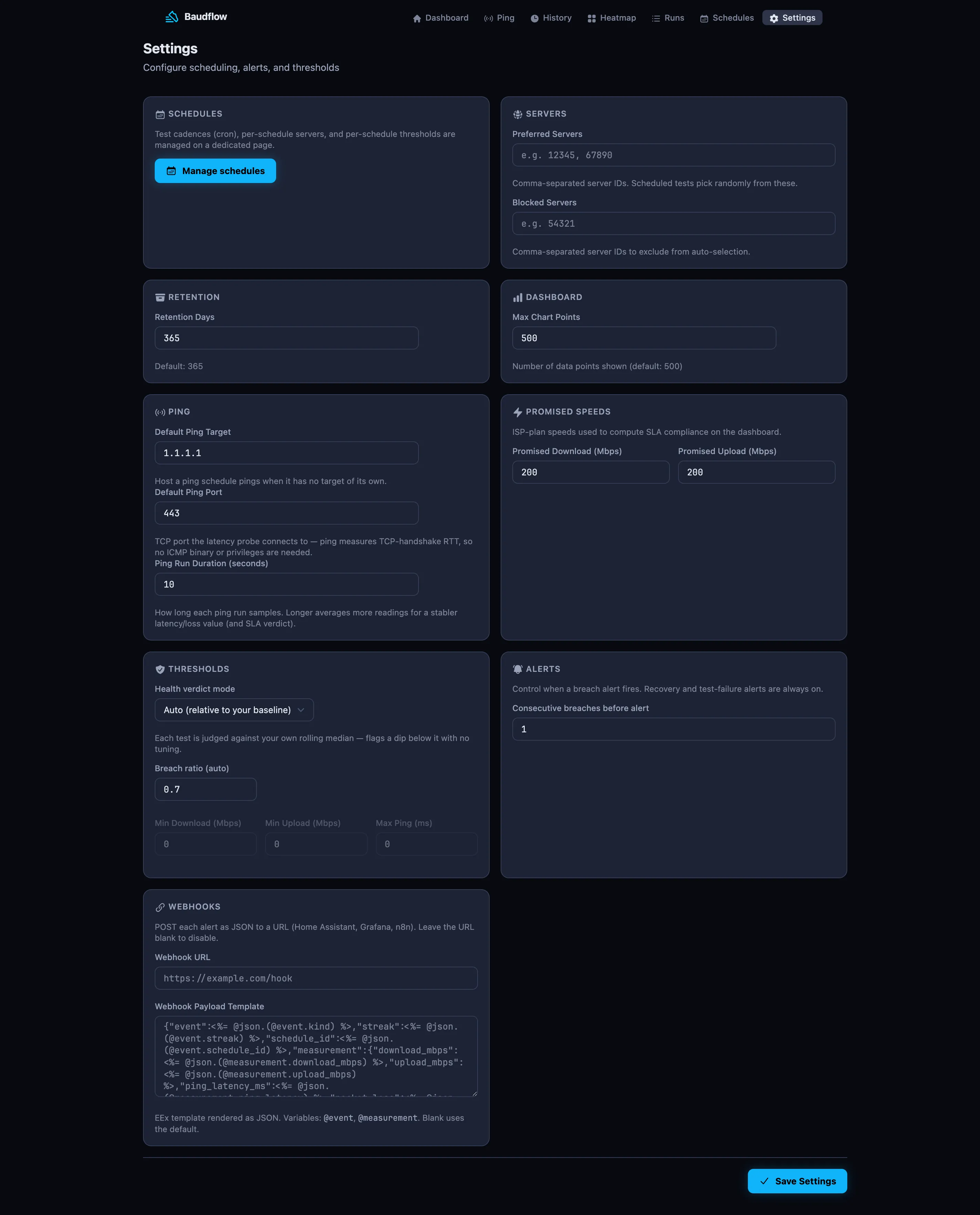 The settings page
